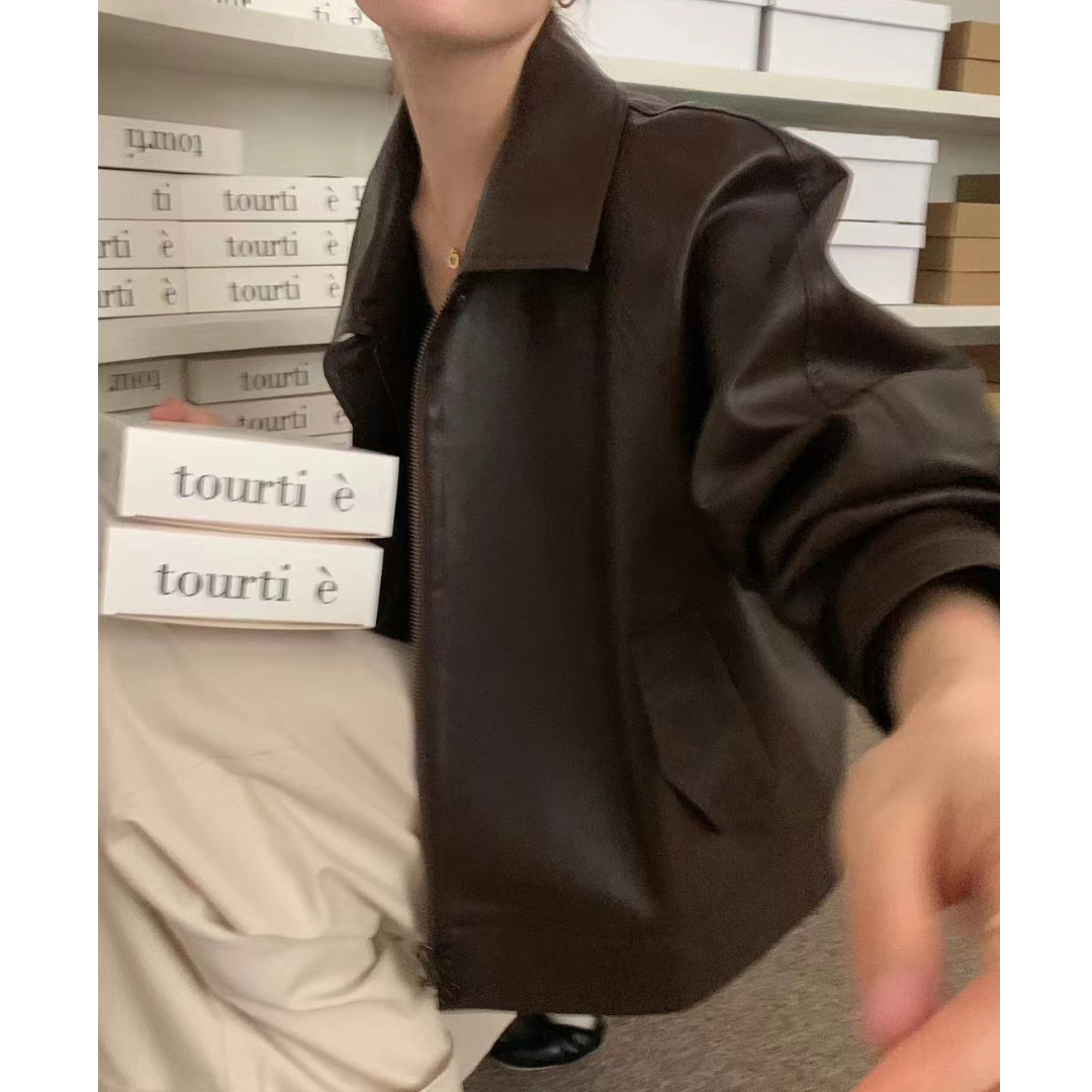 Retro Slish Lapel Zipper Pocket Loose Versatile BF Sle Motorcycle Jacket Leather Coat Outerwear Elegant Fashionable