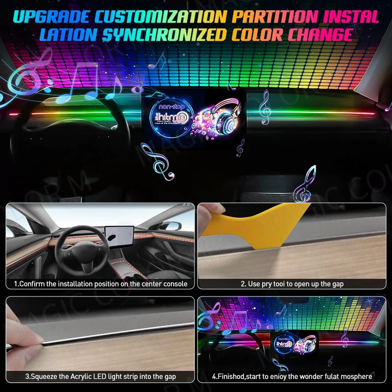 Vgetting-luces ambientales para coche, 140/55,1 pulgadas, 2 en 1, LED Universal, sinfonía, RGB, lámpara de ambiente, aplicación remota USB, control remoto para Tesla Model 3 Y S X