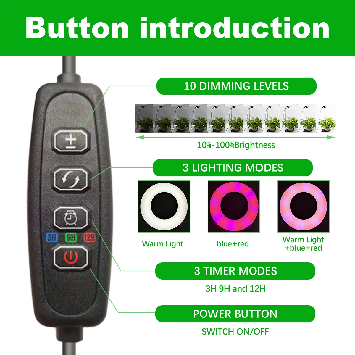 Drie kleuren met basisplantlicht Volledig spectrum LED-groeilicht voor kamerplanten 3/9/12 timing in hoogte verstelbaar 10-niveaus dimmen
