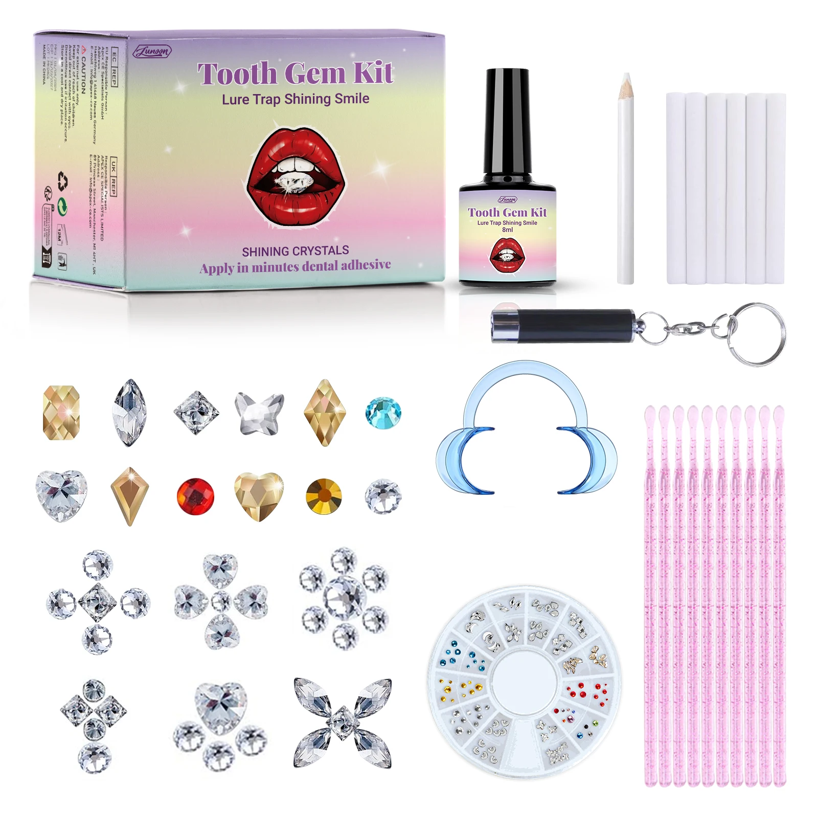 Kit di gemme per denti fai-da-te con colla e denti leggeri Anti-goccia Decorazione di gioielli in pietra preziosa trasparente Kit di gioielli per denti scintillanti