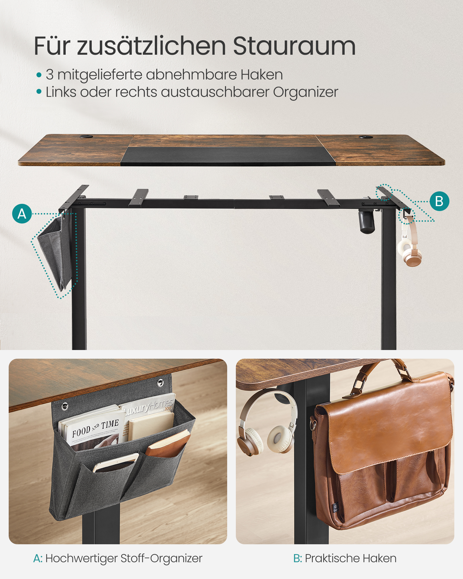SONGMICS In hoogte verstelbaar bureau elektrisch, 70x160 x (72-120) cm, continu verstelbaar, gesplitste plaat