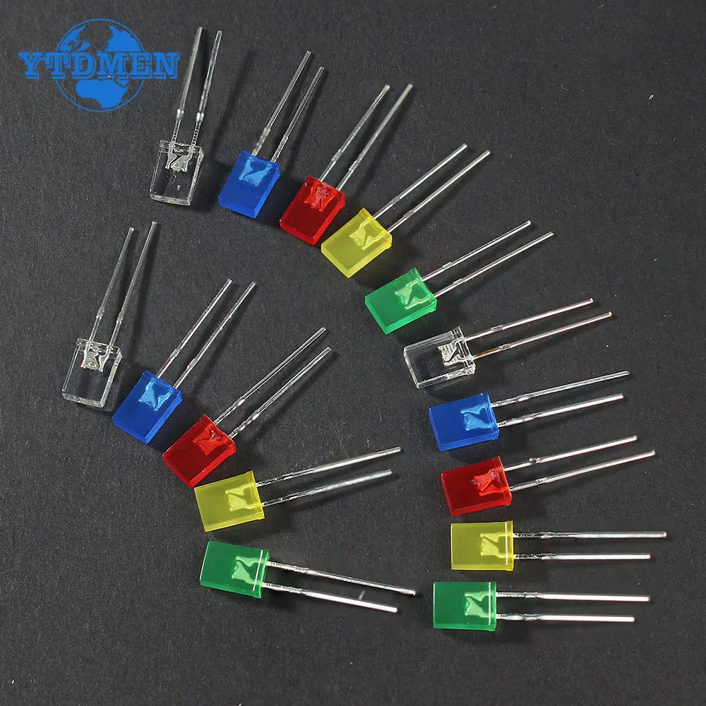 100 ชิ้น/ล็อตสแควร์ 2*5*7 มม.LED ไดโอด 2X5X7 มม.5 สีสีแดงสีเหลืองสีเขียวสีฟ้าสีขาว LED Light-emitting Diode Kit สําหรับ DIY อิเล็กทรอนิกส์