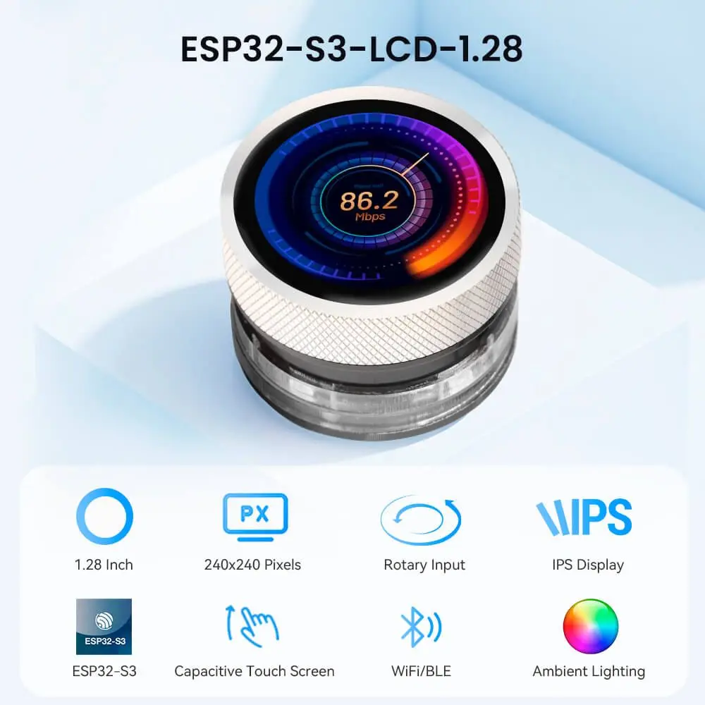 CrowPanel 1,28-calowy ESP32 HMI Obrotowy Wyświetlacz 240x240 IPS Okrągły Ekran Dotykowy z Gałką, Interfejsem UART I2C FPC i Obsługą WiFi 2.4G
