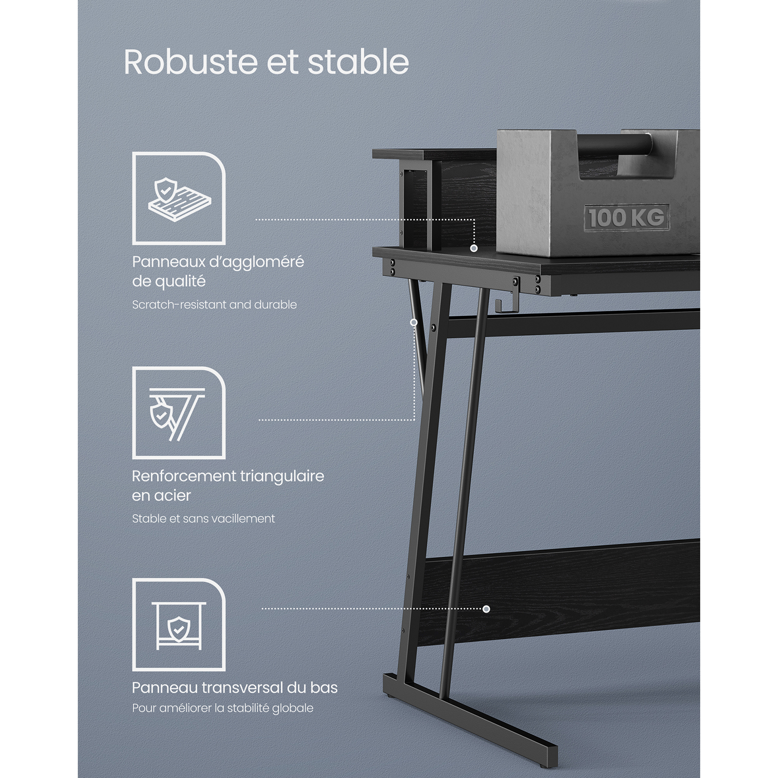 VASAGLE Bureau Gaming avec LED et Multiprise, Table Gamer, Bureau Informatique avec Rehausseur d’Écran, pour 2 Ordinateurs, pour Chambre, 60 x 120 x 76 cm