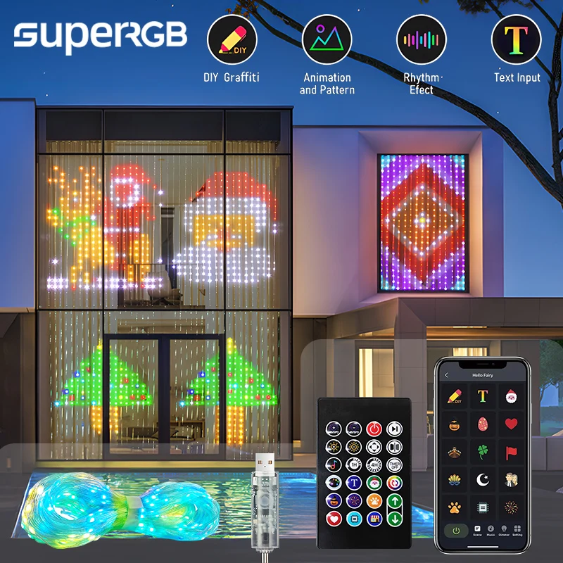 Guirnalda de luces LED de cortina animada para exteriores, iluminación de hadas RGB para visualización de imágenes, con aplicación Bluetooth, bricolaje inteligente, 400