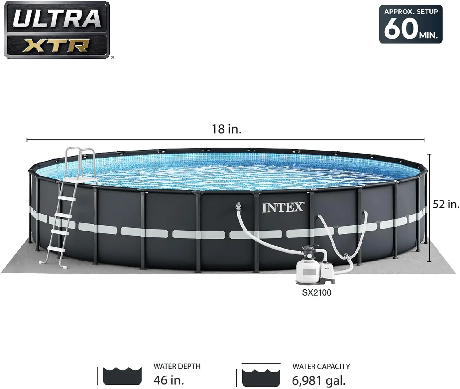 Frame 18' x 52" Above Ground Swimming Pool with Sand Filter Pump, Ladder, Cover, & Maintenance Accessory Kit with Vacuum