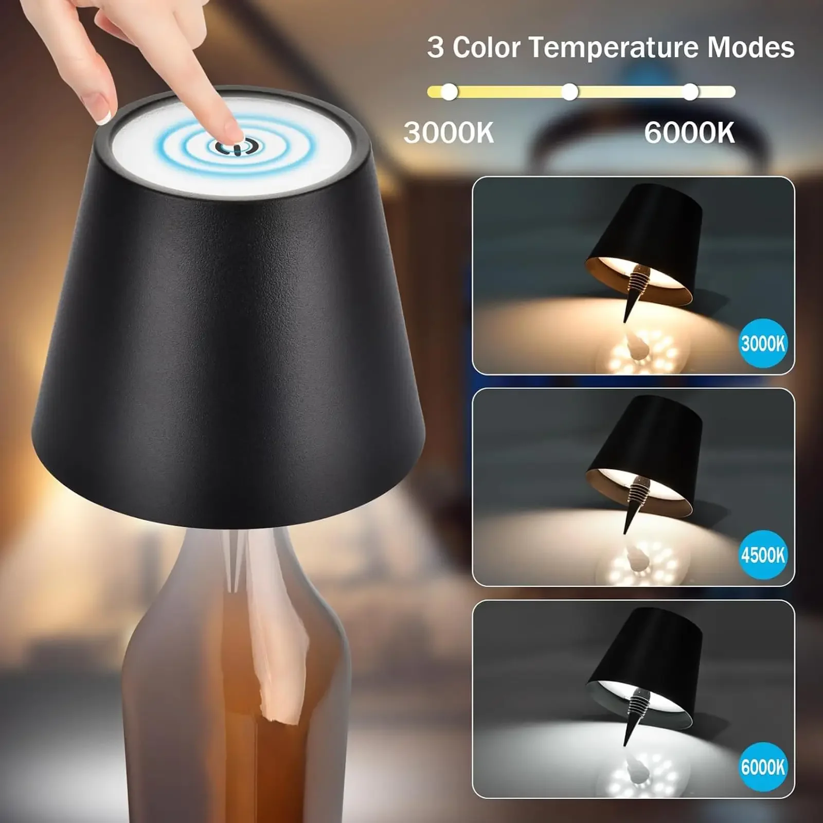 Wireless Bottle Table Lamp Touch Control 3 Colors and Stepless Dimming Night Lamp for Outdoor Bar Wine Bottles Decor Desk Lights