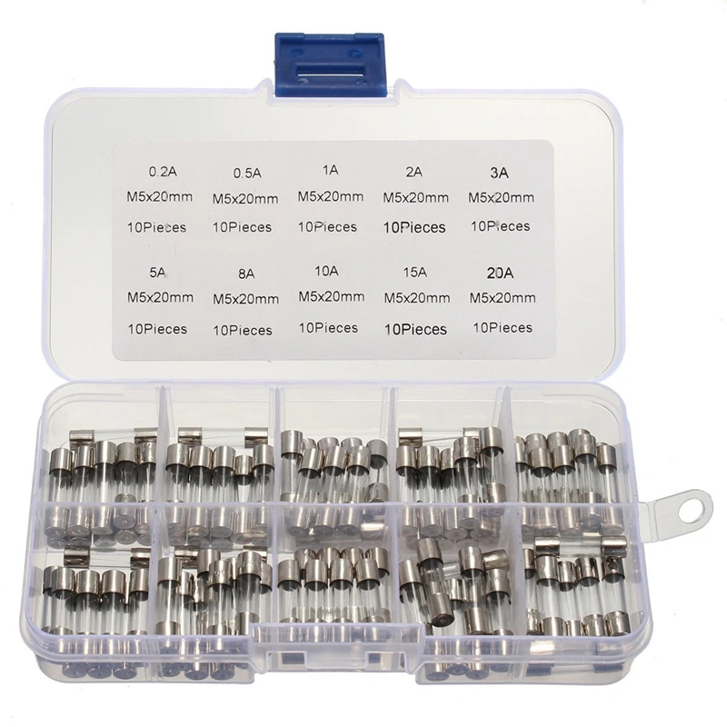100 Stück 5 x 20 mm Glas-Sicherungskasten, 10 Stück je 10 Widerstandswerte, Sicherung 0,2 A–20 A