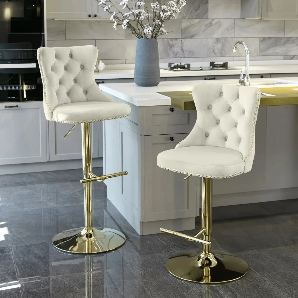 Velvet Bar Stools Set of 2, Counter Height Bar Stools with Button & Nailheads Trim, Gold Swivel Bar Stools for Kitchen Island
