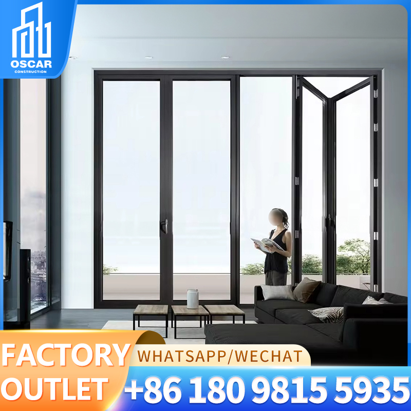 Portas articuladas de alumínio de vidro exterior blindado americano porta preta interior com decoração de tira de alumínio