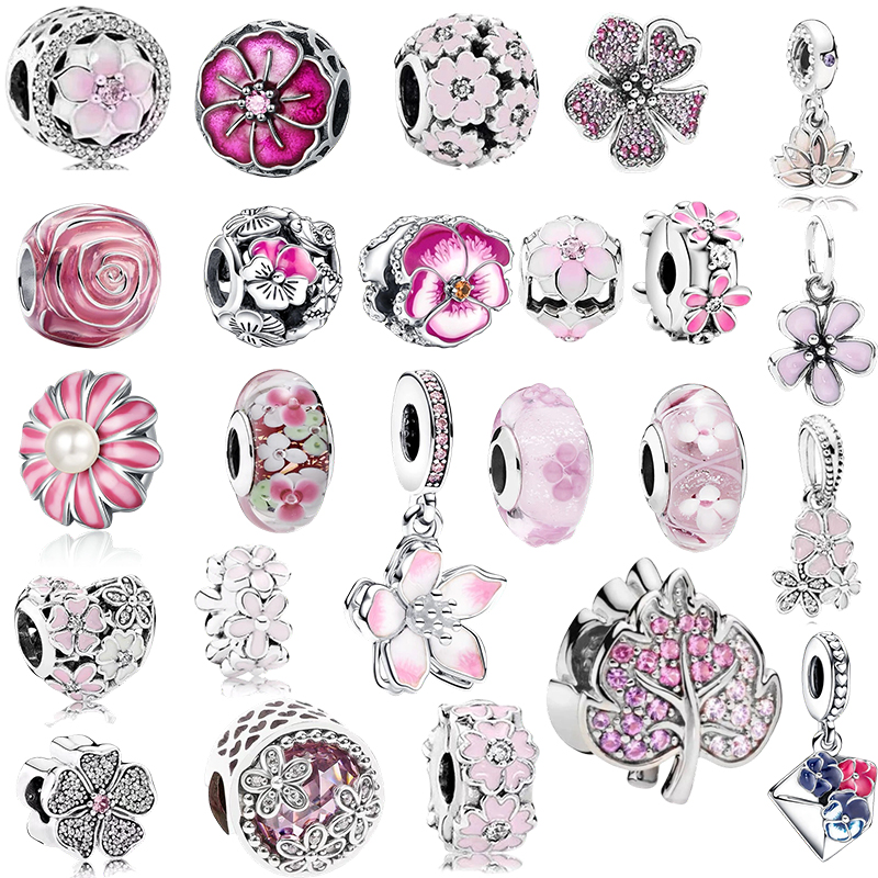 Série de fleurs roses scintillantes, perles breloque marguerite en fleurs de cerisier, adaptées au Bracelet Original en argent 925, bricolage de bijoux cadeaux pour femmes