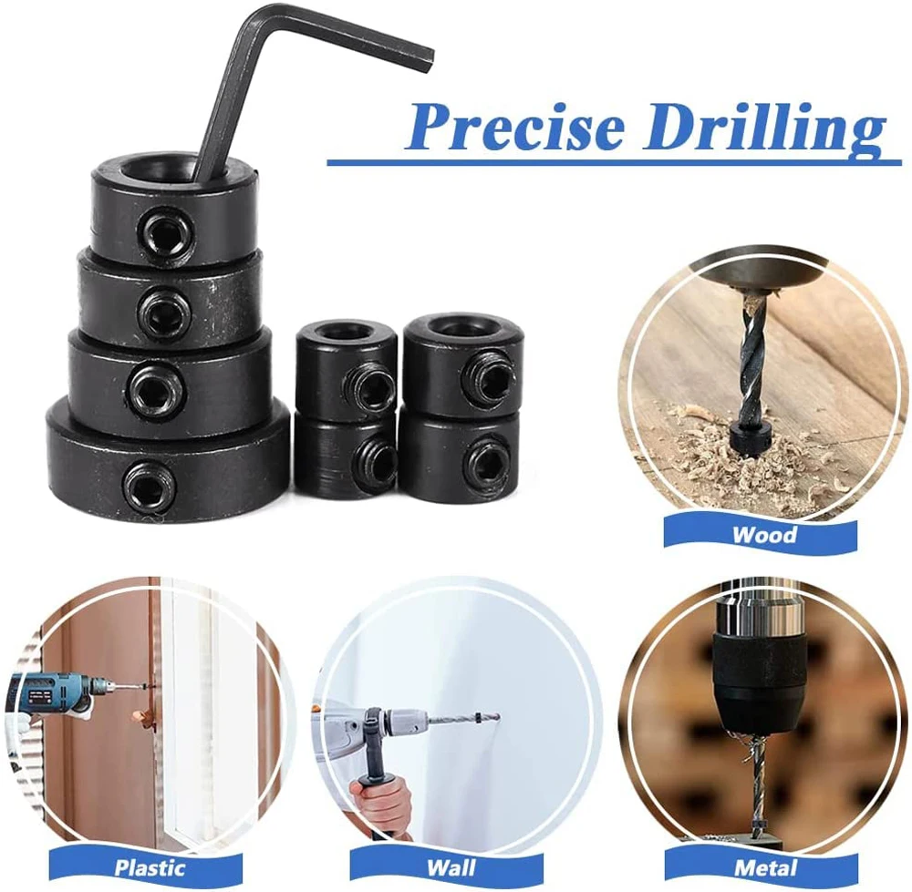 New Drill Depth Stop Bit Collar Set Adjustable Positioner Limit Ring Allen Wrench Tighten Stopper Set-Screws Woodworking Tool