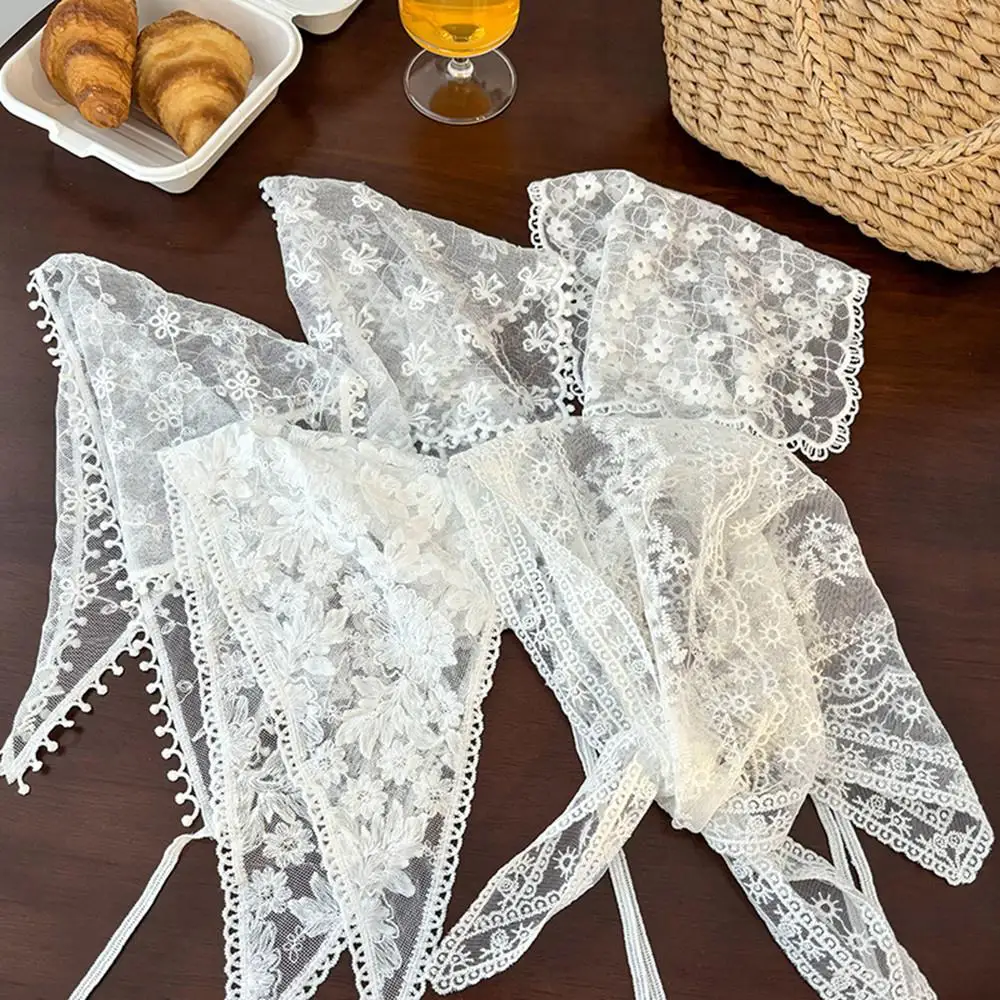 Pañuelo de encaje Retro, diadema, pañuelo para el pelo con estampado Floral tejido blanco, pañuelo triangular bohemio, sombrero, pañuelo dulce, accesorios para el cabello