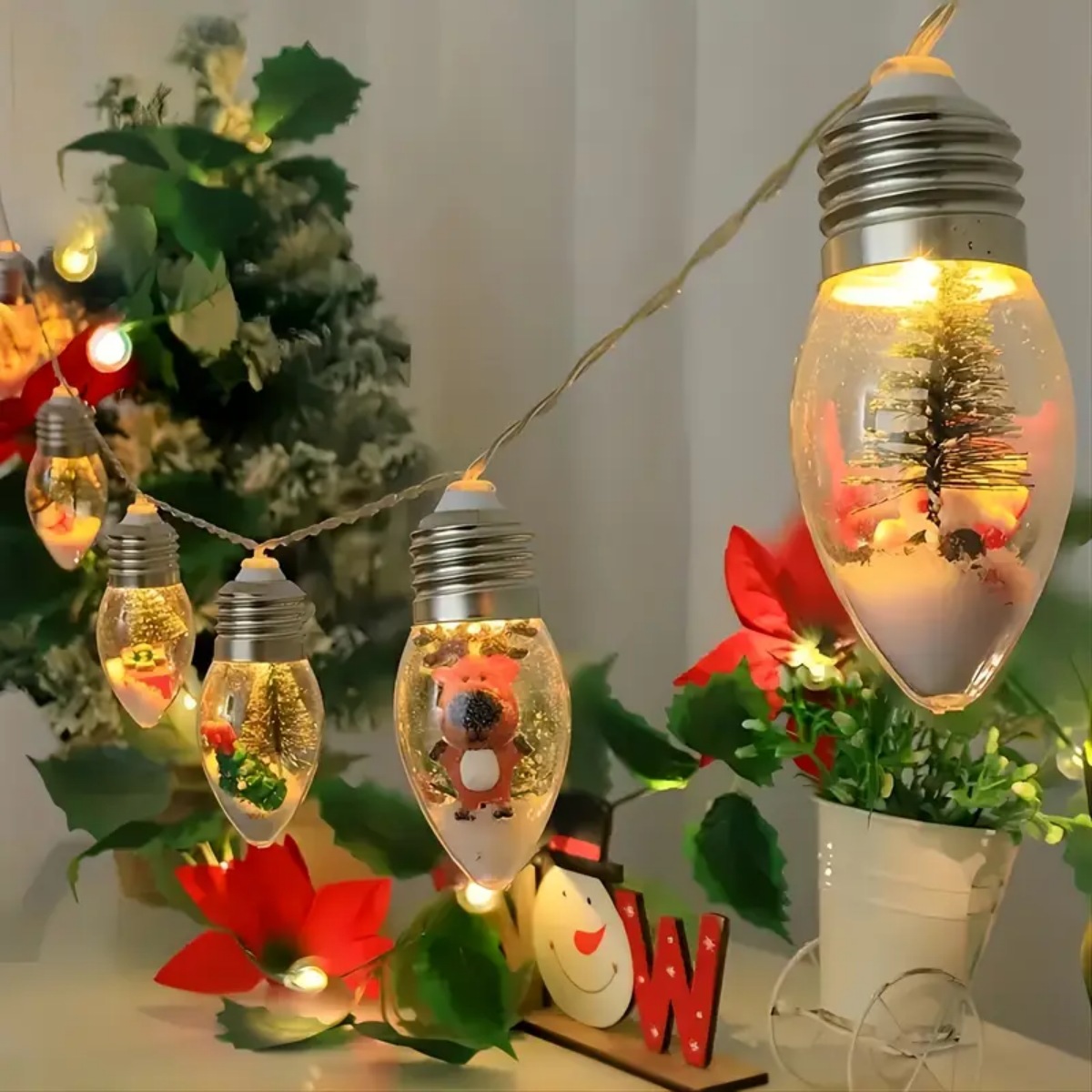 1pc 10/20LED Globe Bulbs String Light with Snow & Cute Ornaments Perfect For Home Patio Fireplace Christmas Xmas Tree Decoration