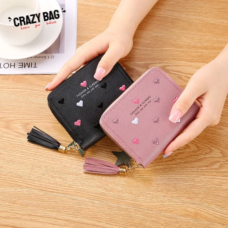 女性用ジッパー付きショート刺繍クラッチ,カードホルダー,財布,韓国版,女の子用,新品,2024