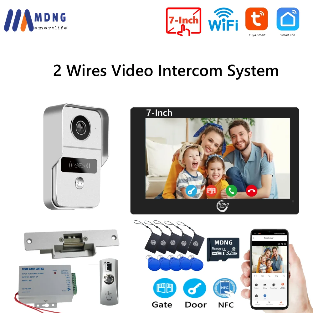 2 draden digitale video-intercom met elektronisch slot Deuruitgang 7 inch Tuya Smart WIFI video-deurtelefoonsysteemkit Deurbelcamera