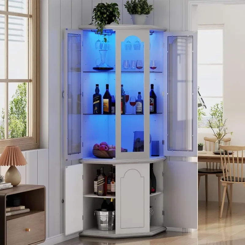 Corner Bar Cabinet w/LED Lights, Tall Modern Wine Cabinet with Tempered Glass Door & Adjustable Shelves, Home Bar Liquor Storage