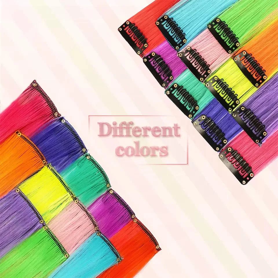 Extensão de cabelo sintético longo e reto, arco-íris colorido, roxo, vermelho, moda para uso diário, fantasia de halloween, festa c