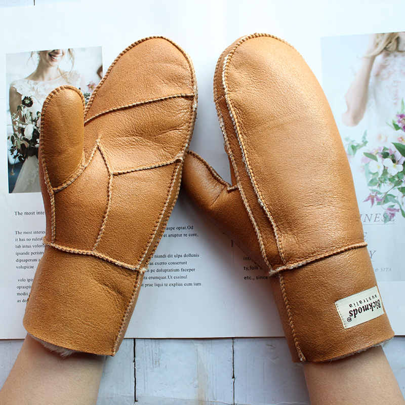 Luvas de pele de carneiro femininas cor de lã de couro inverno calor espessamento ao ar livre à prova de frio menino estudante luvas à prova de vento