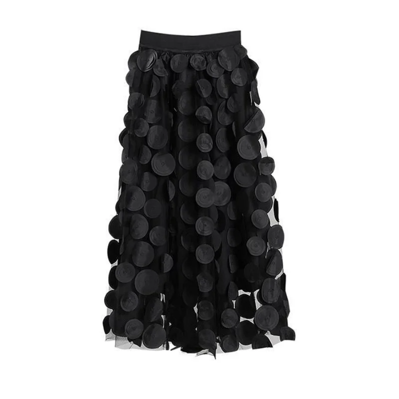Gonna da donna in rete di tulle con design 3D a pois Gonna tutu lunga a trapezio con elastico in vita vintage