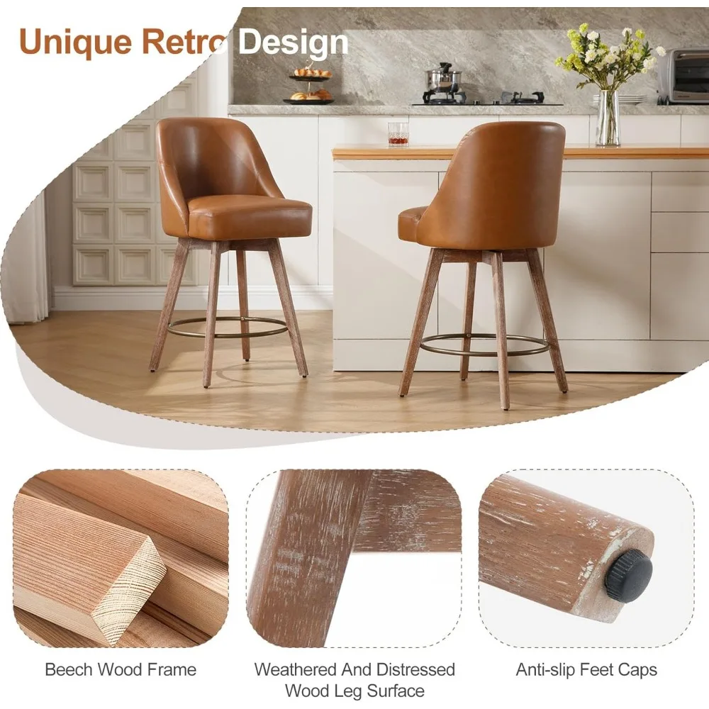 Counter Height Bar Stools Set of 2, Mid-Century Swivel Bar Chairs with Backs and Beech Wood Legs, 26 Inch Seat Height
