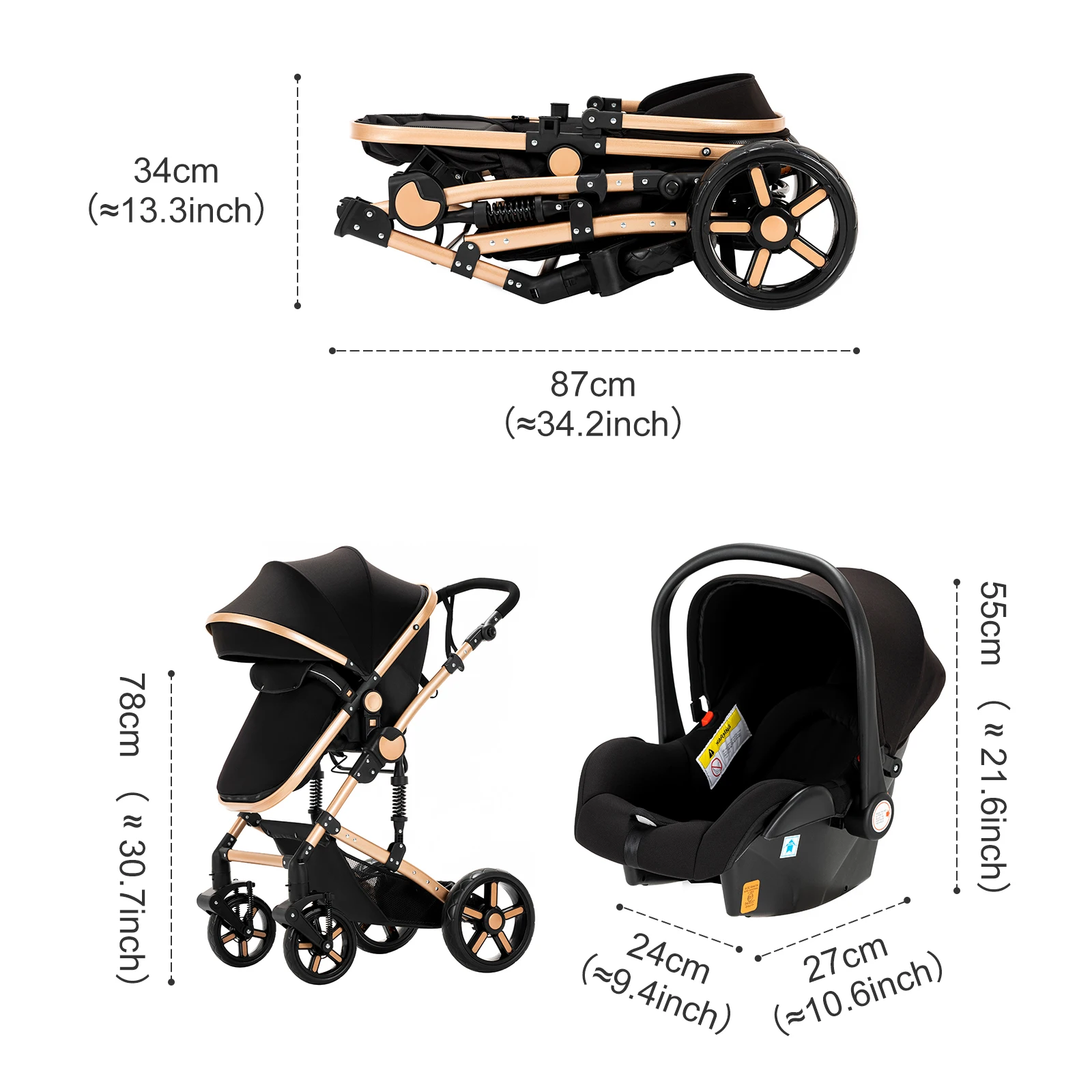 Poussette bébé 3 en 1, système de voyage, chariots pour nouveau-nés, siège de voiture, landau haut, léger