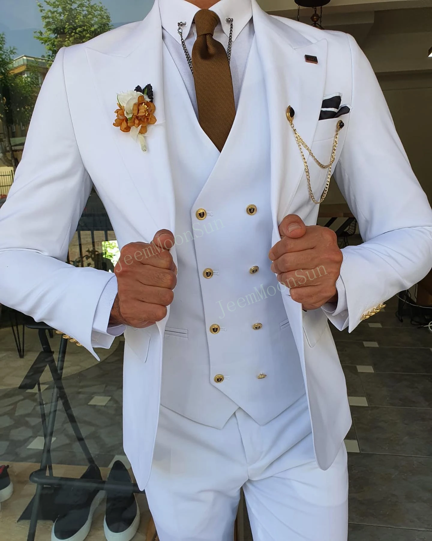 Traje blanco nuevo de 3 piezas para hombre, esmoquin informal entallado con solapa de pico para novio, hecho a medida, Terno Masculino (Blazer + Pantalones + chaleco), 2022