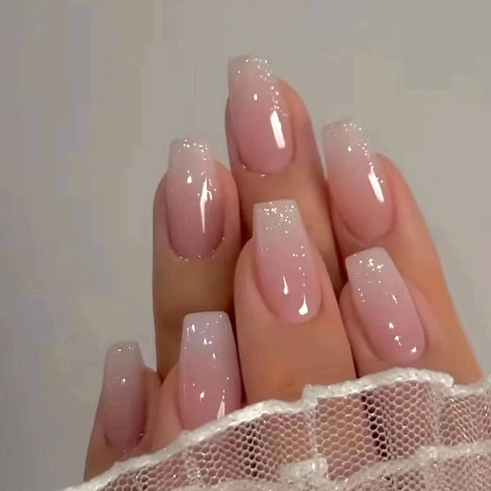 Impermeável Gradiente Unhas Postiças, Francês Bailarina Prego, Médio Caixão Unhas Postiças, Pressione em Unhas Dicas, 24pcs