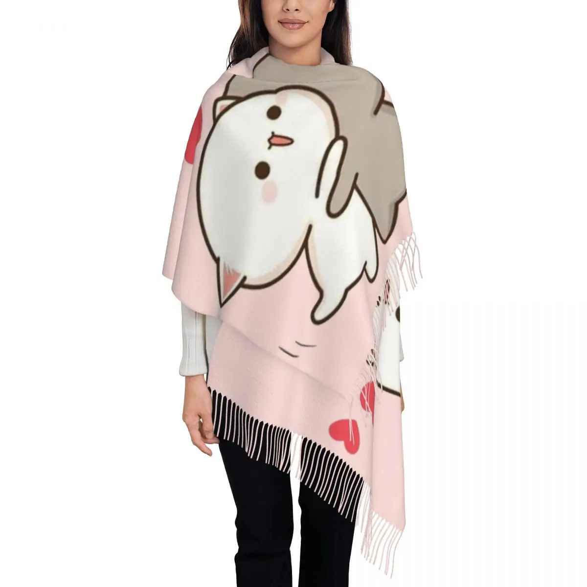 Bufanda con borlas para mujer, chales cálidos con diseño de gato melocotón y Goma, estilo Mochi, para invierno y otoño