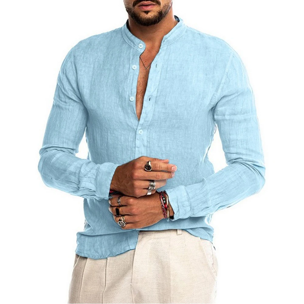 Camicie a maniche lunghe da uomo in lino di cotone vendita calda tinta unita estiva colletto rialzato stile spiaggia casual taglie forti