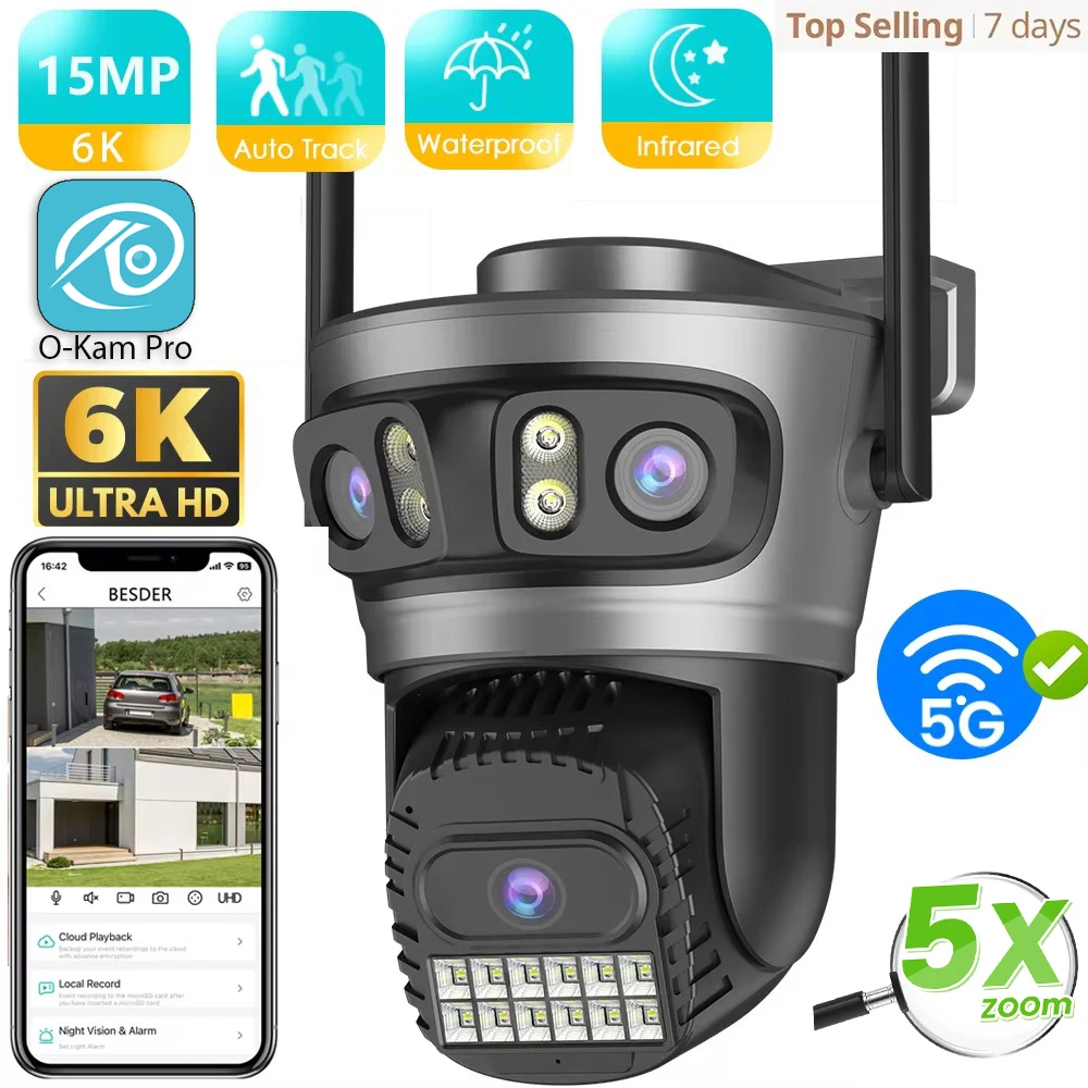 O-Kam pro 15MP Wifi cámara exterior seguimiento automático multipantallas 5X Zoom Digital PTZ seguridad CCTV vigilancia