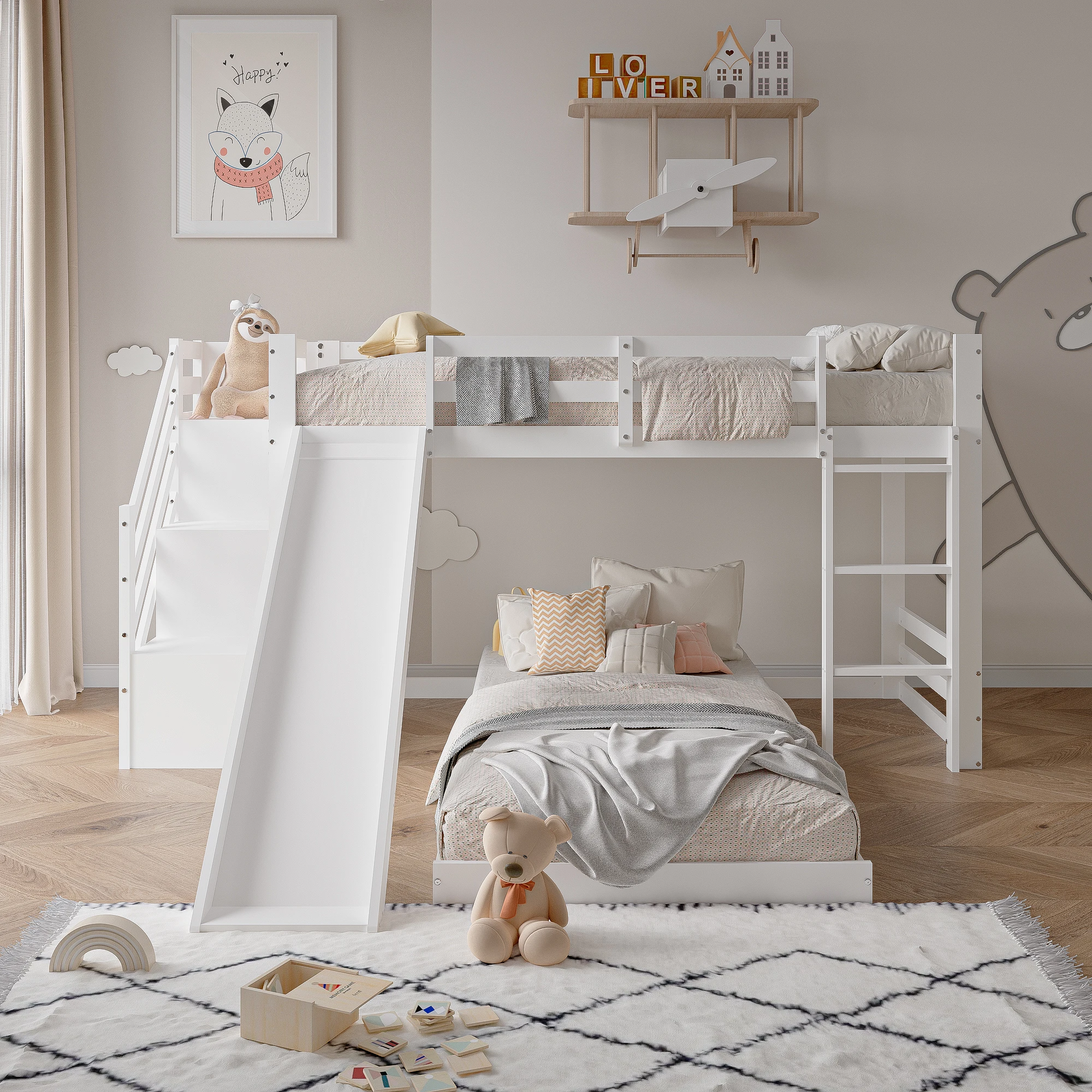 Letto per bambini, letto a castello 90x200 cm con cassetti portaoggetti, letto a castello con protezione anticaduta e scala inclinata, letto in legno massello Fram