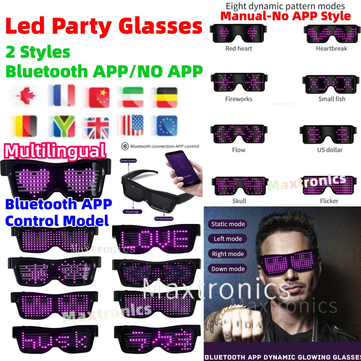 NEUE mehrsprachige LED-Brille, App-Steuerung/kein APP-Stil, USB-Aufladung, Konzert, Urlaub, Weihnachten, Party, Sonnenbrille, LED-Leuchtbrille