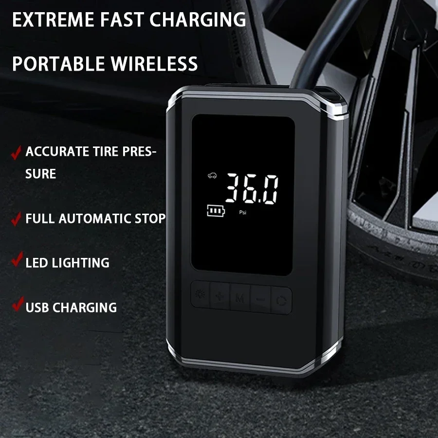 Bomba de inflado montada en coche, Mini inflador de neumáticos eléctrico autopropulsado portátil, bomba de aire, carga inalámbrica de mano