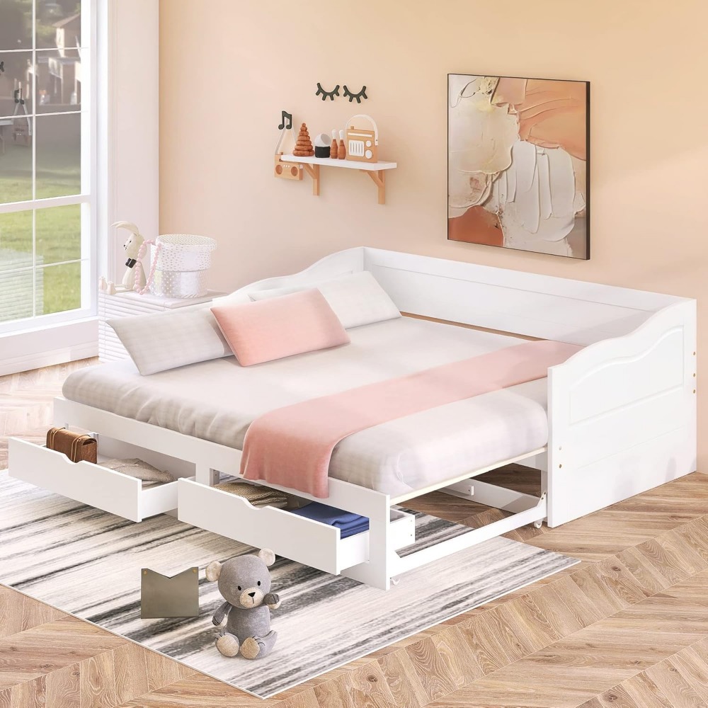 Harper & Bright Designs Twin Size Daybed with Trundle and 2 Drawers, Twin to King Extendable Daybed, Wooden Sofa Bed Frame for L
