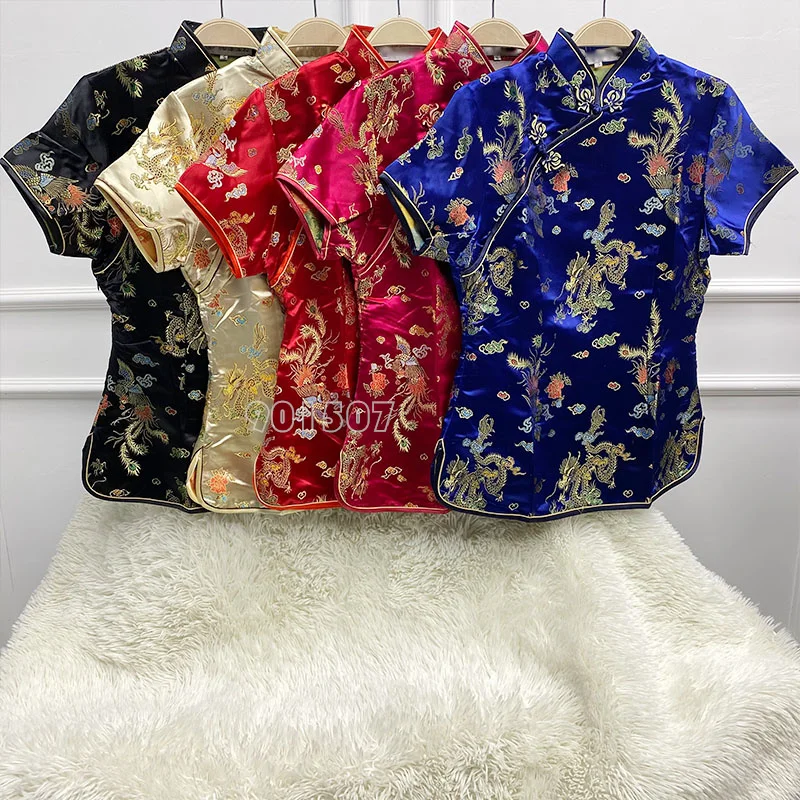 Nowy żakardowy kwiat Tang ubrania moda damska Qipao Top Vintage ulepszone Cheongsams satynowa koszula topy zapinane na guziki Plussize