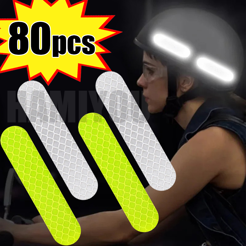Tira de pegatinas reflectantes de advertencia de seguridad para casco, cinta reflectante impermeable de alta visibilidad para montar de noche y caminar, 80-10 Uds.