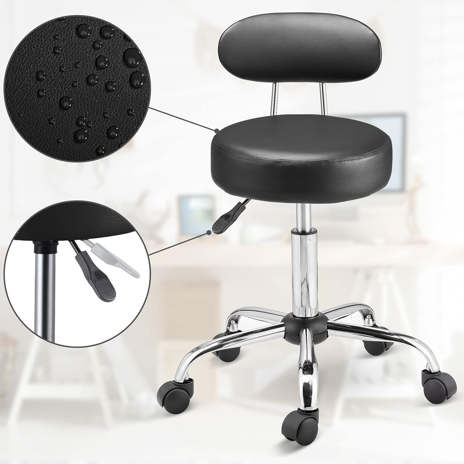 Taburete con Ruedas Respaldo Altura Ajustable 46-60cm 360o Asiento 10 cm Negro