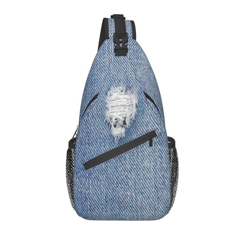 Kustom Ditambal Denim Biru Jeans Tekstur Tas Selempang Pria Modis Bahu Selempang Dada Ransel Bepergian Daypack