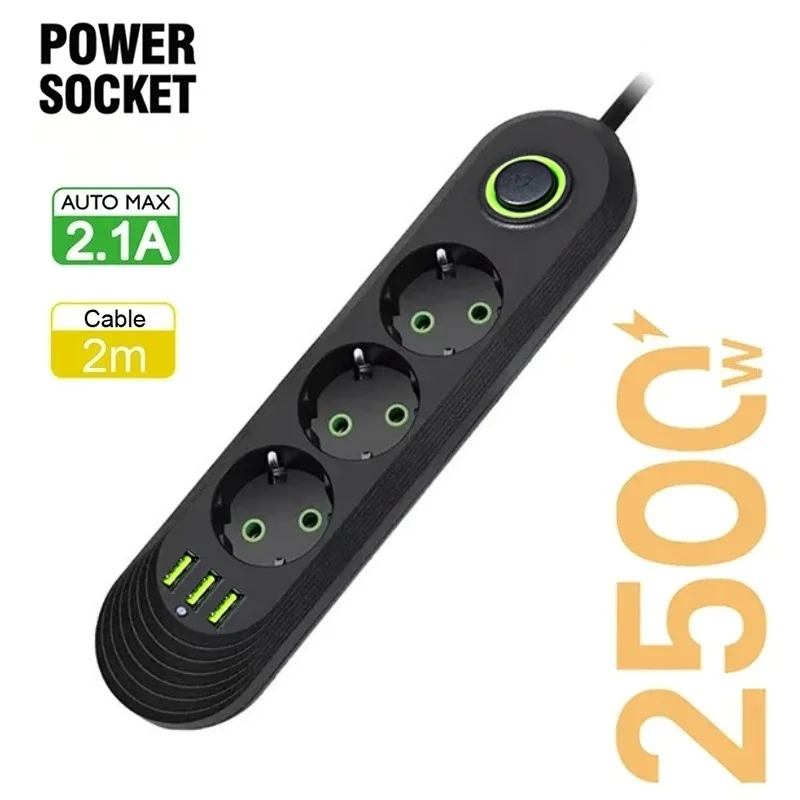 2M Cable EU Plug Power Strip with 3 USB Socket Network Filter Round Pin AC Outlet Ports Extension Cord Electrical Charge Adapter