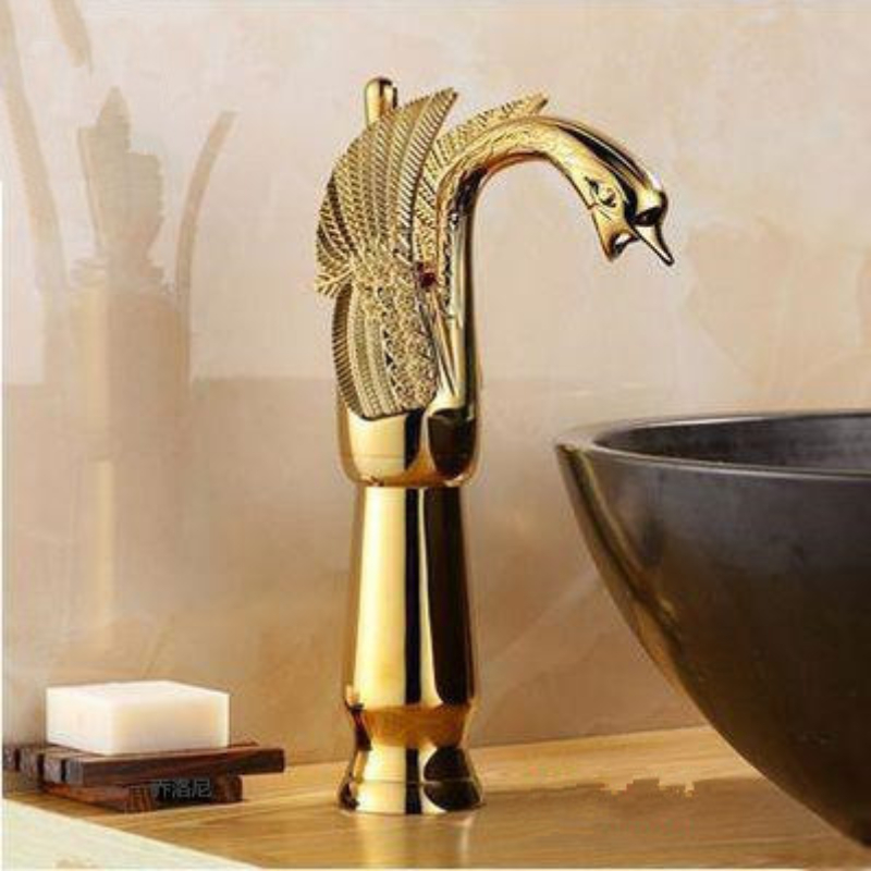 Grifos de lavabo de cisne alto, grifos mezcladores de baño de lujo, grifos de latón caliente y frío, grifo chapado en oro de un solo orificio