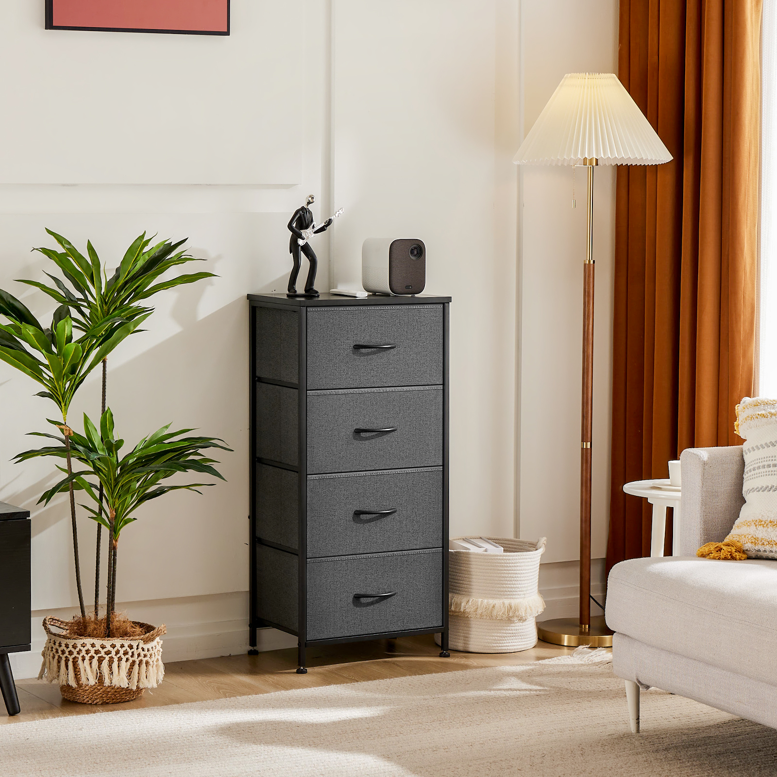 JHK Dresser For Bedroom With 4 Fabric Drawers Nightstand Wardrobe Steel Frame Closet For Clothes Storage Cabinet Of Furniture