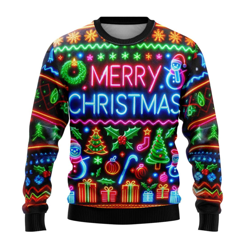 Neon-Schneemann-Grafik-Sweatshirt 2025, Frohe Weihnachten, 3D-gedruckter hässlicher Pullover für Damen, Kleidung, Schneeflocken-Geschenke, Jungen-Trainingsanzug