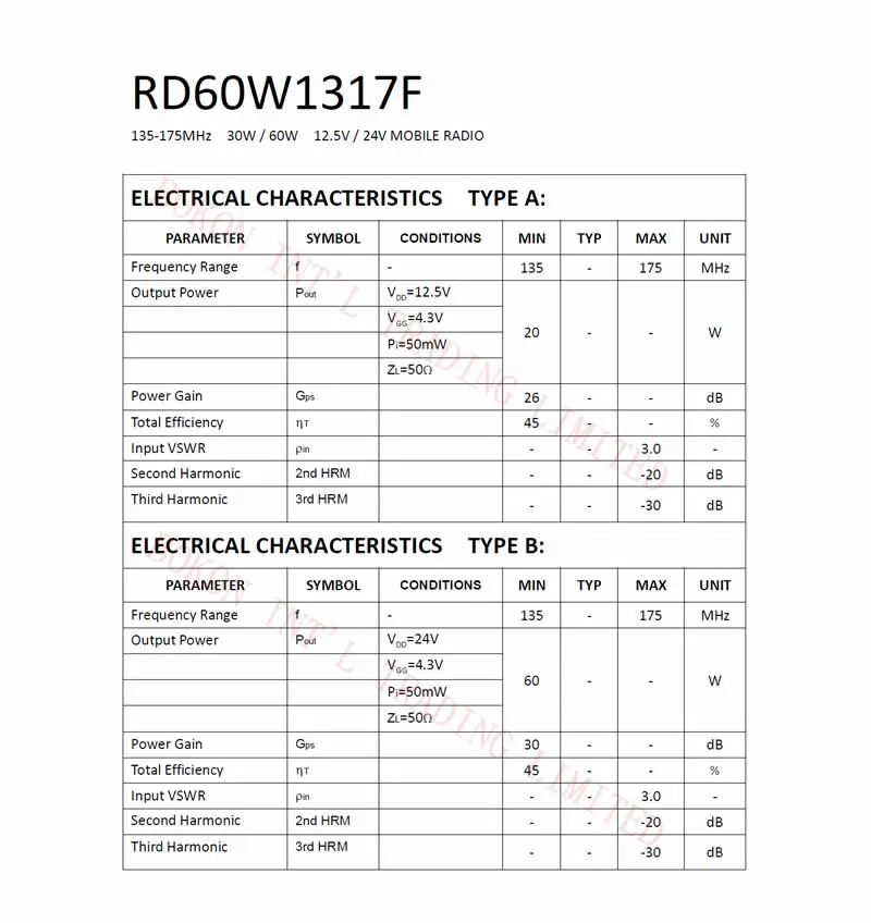 RD60W1317F 12.5 V/24 V 135-175 MHz 30 W/60 W สําหรับวิทยุมือถือ RF MOSFET เครื่องขยายเสียงโมดูล 135 ถึง 175 Mhz Cross อ้างอิง RA60H1317M