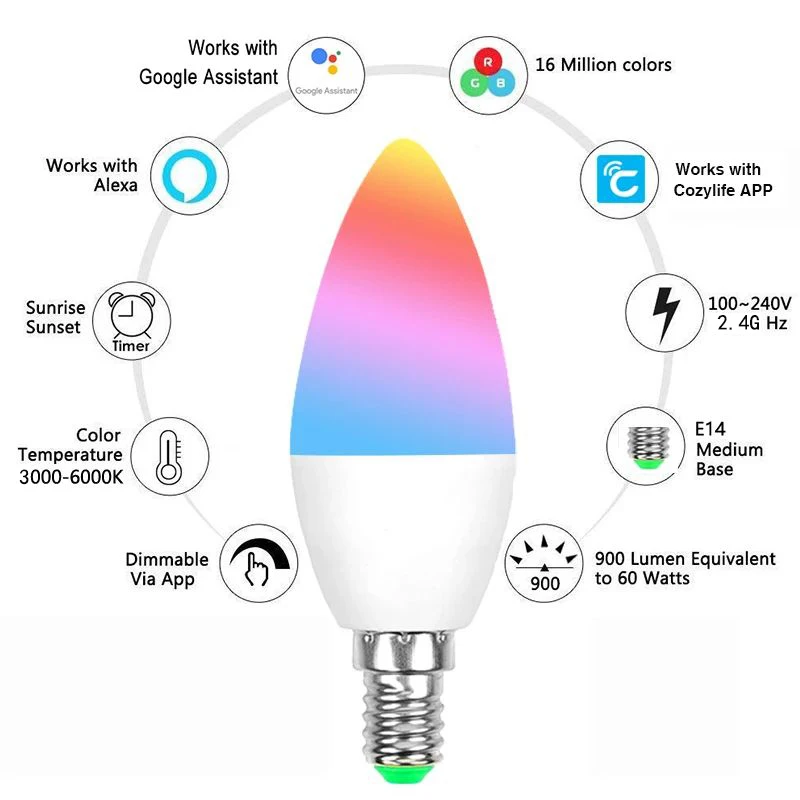 EWelink E14 Candle Lamp Smart Wifi 100-240V RGB 3000-6000K Dimmable Smart LED Light Bulbs Bedroom Living Room Voice Control