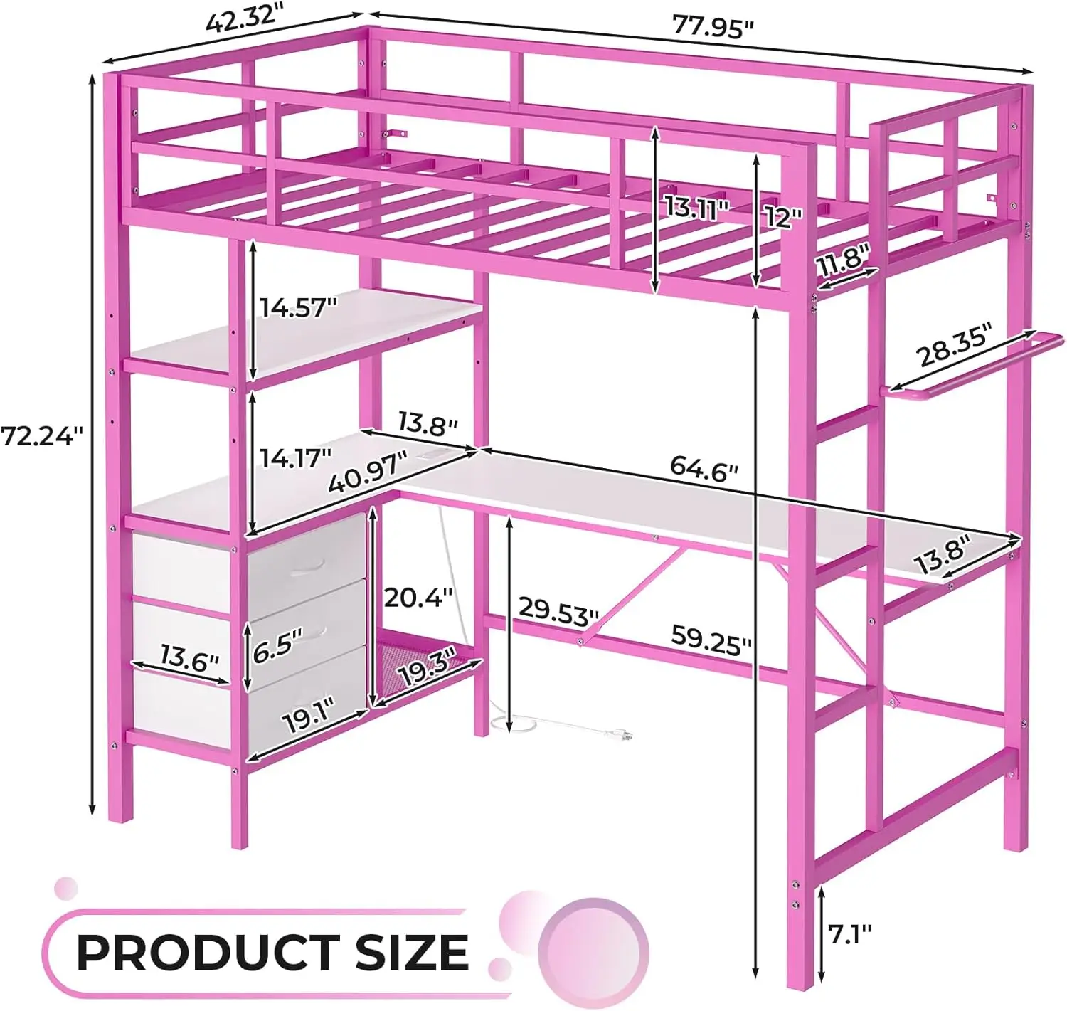 Loft Bed Twin Size with L-Shaped Desk, LED Lights and Charging Station Twin Metal Loft Bed Frame with 3 Storage Shelves