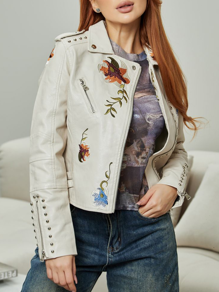 Ailegogo Spring Autumn Women Retro Floral Print Embroidery Pu Faux Leather Jacket Streetwear Female Zipper Rivet Coat Outwear