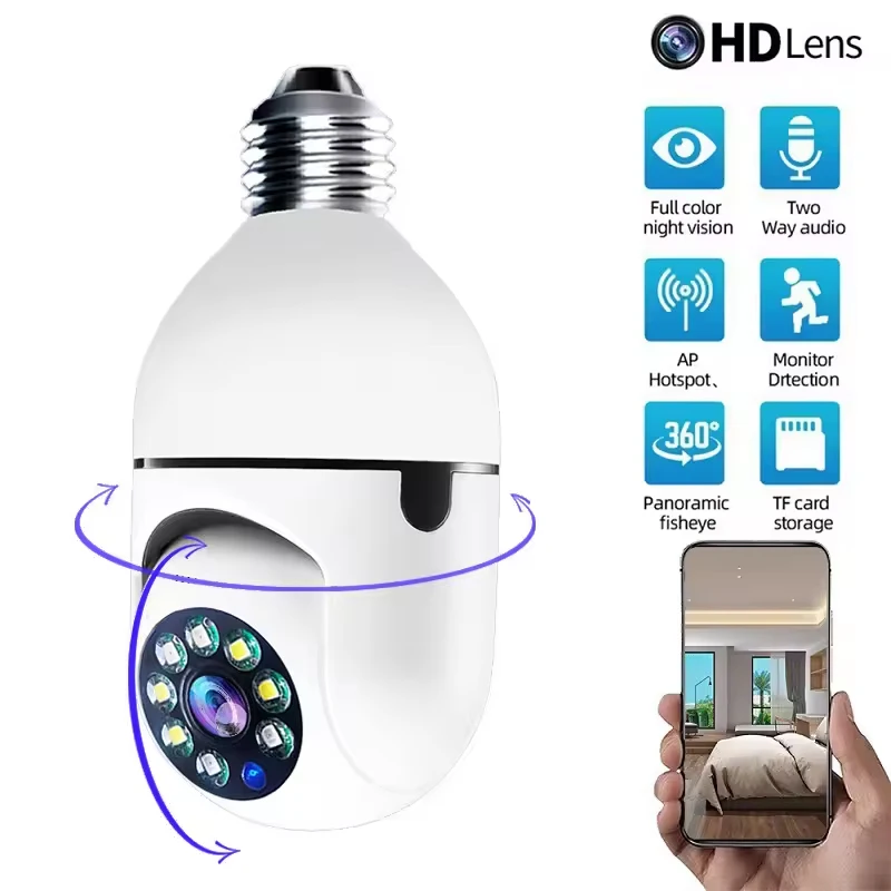 Cámara de vigilancia con bombilla, visión nocturna a todo Color, seguimiento humano automático, Zoom, Monitor de seguridad interior, cámara Wifi, hogar inteligente