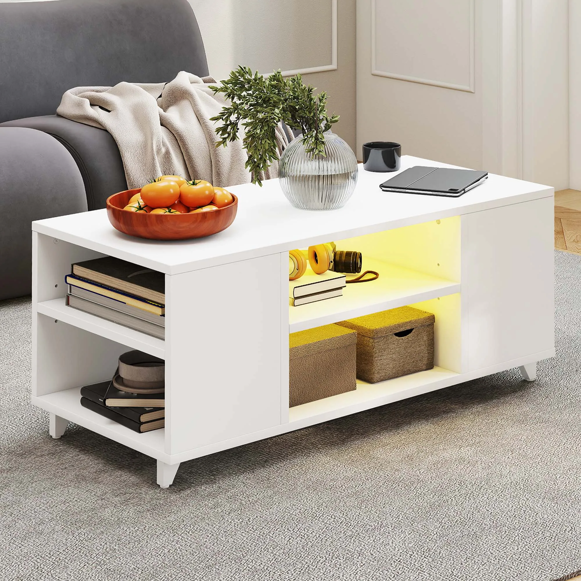 Mesa de centro branca YITAHOME – Prateleiras laterais ajustáveis e armazenamento aberto, fácil montagem para sala de estar