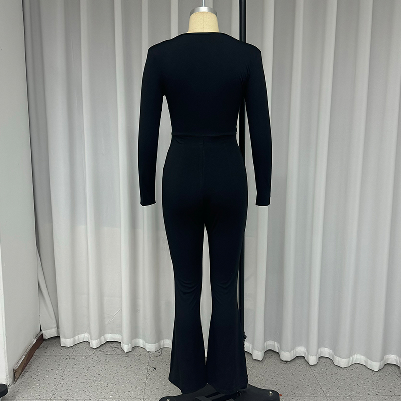 Webads-女性用長袖Vネック中空ベルトジャンプスーツ、ハイウエストフレアパンツ、ファッションロンパース、モノクロロンパース、ストリートウェア